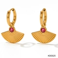 French vintage gold fan earrings with pink zircon stone inlay and stainless steel hoops - Gold Red Zirconia Fan Style (KDE825)