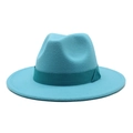 Detailed view of the flat brim turquoise wool fedora hat with matching grosgrain ribbon band - M (56-58cm) / Lake Blue