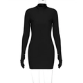 Bodycon black mini dress with long sleeves and integrated gloves on mannequin - S / Black