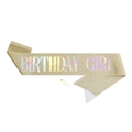 Glittering gold birthday girl sash with colorful laser text and matching safety pin - Gold Fabric Holographic GIRL