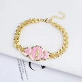 Detail of 18K gold rose chain bracelet with pink enamel Virgin Mary religious pendant - Pink Round Guadalupe Relief Rose Chain Bracelet