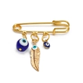 Golden safety pin brooch with blue evil eye beads and feather charms for clothing - Pin with Feather Eye and Dark Blue Evil Eyes