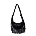 Boheemse zwarte suède schoudertas met franjes en geborduurde veren details - Zwart