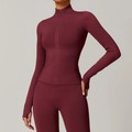 Slim fit dark wine red yoga jacket with full zipper, stand collar, and thumbhole details - S / Cherry Red