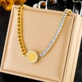 Gold plated stainless steel necklace featuring a half cuban chain and half baguette zircon design. - Gold (N2415)