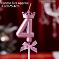 Pink metallic number 4 candle with crown detail and bow for birthday cake decor - Number Candles Pink With Crown And Bow (4)