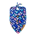 Cute dark blue cartoon pet bandana with cat and cheese patterns and handmade leather tag - M / Kitten Eating Cheese