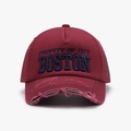 Deep red baseball cap with city Boston 3D embroidery and distressed brim details - Adjustable / Wine Red(24A231)