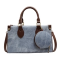 Retro denim blue and brown leather patchwork large tote bag with matching coin purse charm - Blue