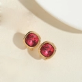 Elegant gold-plated square earrings featuring a large rose red faceted crystal centerpiece - Red (Gold)