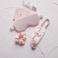 Pink satin sleep set including silk eye mask, scrunchie and headband in a luxury layout - Peach Pink