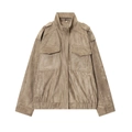 Suede khaki utility jacket featuring stand collar, epaulets, and large flap pockets - S / Apricot