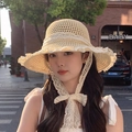 Cappello di paglia beige con pizzo bianco e nastro regolabile per donna per l'estate - M (56-58cm) / Beige Nastro di Pizzo