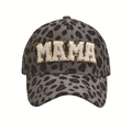 Detail of MAMA letter patch with gold sequins on grey leopard print baseball cap - Gray Leopard Corduroy Cap
