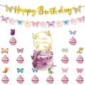 Detail of purple butterfly party decorations with gold Happy Birthday banner and cake toppers - Butterfly Banner, Garland, Large And Small Toppers