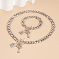 Halskette und Armband-Set mit Silber-Cuban-Gliedern und Strass-Schloss-Anhängern - Silber (Zweiteiliges Set)