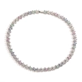Detailed view of silver butterfly necklace featuring colorful inlaid crystals on white background - White Gold Tone Multicolor Zirconia Necklace