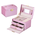 Portagioie rosa a tre livelli in pelle PU con serratura dorata e specchio interno - 17*12*12.5cm / Viola