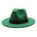 Detail of dark green wool fedora with a wide flat brim and spotted feather ornament - Grass Green