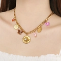Goldene kubanische Halskette mit Löwen-Rose Anhänger und bunten Schmetterlingen - Rosen-Schmetterling-Stil (KN293389-SXSJ)