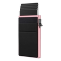 Pink aluminum RFID card holder with black elastic pocket showing automatic pop-up slots - Side-push Pink + Black Flat Sticker
