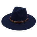 Detailed view of dark blue felt fedora featuring a braided band and golden feather charm - Adult (57-60cm) / Navy Blue Heart (Gold Feather)