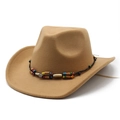 Classic camel wool felt western cowboy hat with colorful ethnic beaded decorative band - M (56-58cm) / Camel
