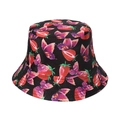 Black cotton bucket hat featuring red strawberry and butterfly patterns for women - Strawberry Butterfly Print (Z)