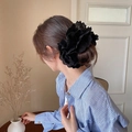 Large black double-layer lace scrunchie hair tie with a textured floral design on hair - Q449-4 Black Four Layer Lace