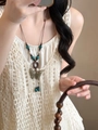 Detail of bohemian butterfly pendant with wood beads on long brown waxed cord - 19# Necklace-Coffee