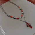 Gothic dual-layer necklace with dark metal chain and red irregular stone cross pendant - 11# Necklace-Gun Black-Red