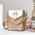 Pink and white quilted PU leather crossbody bag with pearl chain and woven shoulder strap - Khaki
