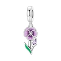 Iris flower pendant in purple enamel with green leaf and silver charm for bracelets - Violet Pendant