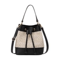 Chic beige straw bucket bag with black leather trim and adjustable crossbody strap - Black