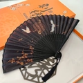 Chinese vintage folding fan in black with crane motifs and matching silk tassel - South Pavilion (Crane)