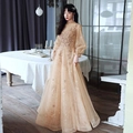 Elegant champagne gold long evening dress with sequined embroidery and puffy long sleeves - L (US 12) / Champagne Gold