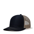 Navy and beige trucker hat with a curved brim and breathable mesh back in side view - Adjustable / Navy + Khaki Mesh
