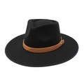Classic black wide-brim wool fedora hat with brown leather band and gold metal buckle - M(56-58cm) / Black