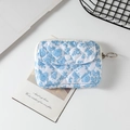 Blue floral quilted mini pouch for wireless earbuds with secure zipper and snap closure - 12*1.5*9cm / White Base Blue Orchid