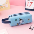 Blue canvas pencil case with dual zippers and cartoon astronaut pattern for students - Sky Blue Rocket Astronaut
