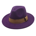 Detail of purple fedora hat featuring classic creased crown and dark brown wide decorative band - M (56-58cm) / Purple
