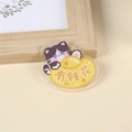 Cute acrylic brooch featuring a black and white cartoon cat with lucky text on wood frame - Money to Spend Cat