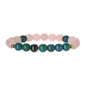 Detail of pink crystal and teal phoenix stone beads with golden metal spacers - Rose Quartz + Chrysocolla