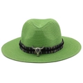Detailed view of green straw hat featuring an ornate bull head metal buckle and woven band - M(56-58cm) / Fruit Green