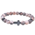 8mm pink zebra stone beaded bracelet with grey cross charm and black hematite accents - Pink Zebra Stone / Bless