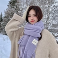 Chic lavender knitted scarf with fringes and handmade label for winter outdoor warmth - Purple
