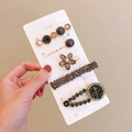 5-piece gold hair clip set with grey beads, crystals and green-grey gemstones - Black Small Flower 5-Piece Set