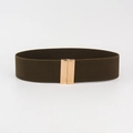 Detail of dark green elastic waist belt featuring a polished gold metallic buckle closure - Dark Green