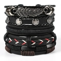 Multilayer men's leather bracelet set with skull and feather charms in black and brown - T3 Style (Black Brown Feather/Star)