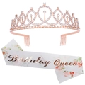Rose gold Birthday Queen set with sparkling rhinestone crown and floral satin sash - Floral Queen Rose Gold